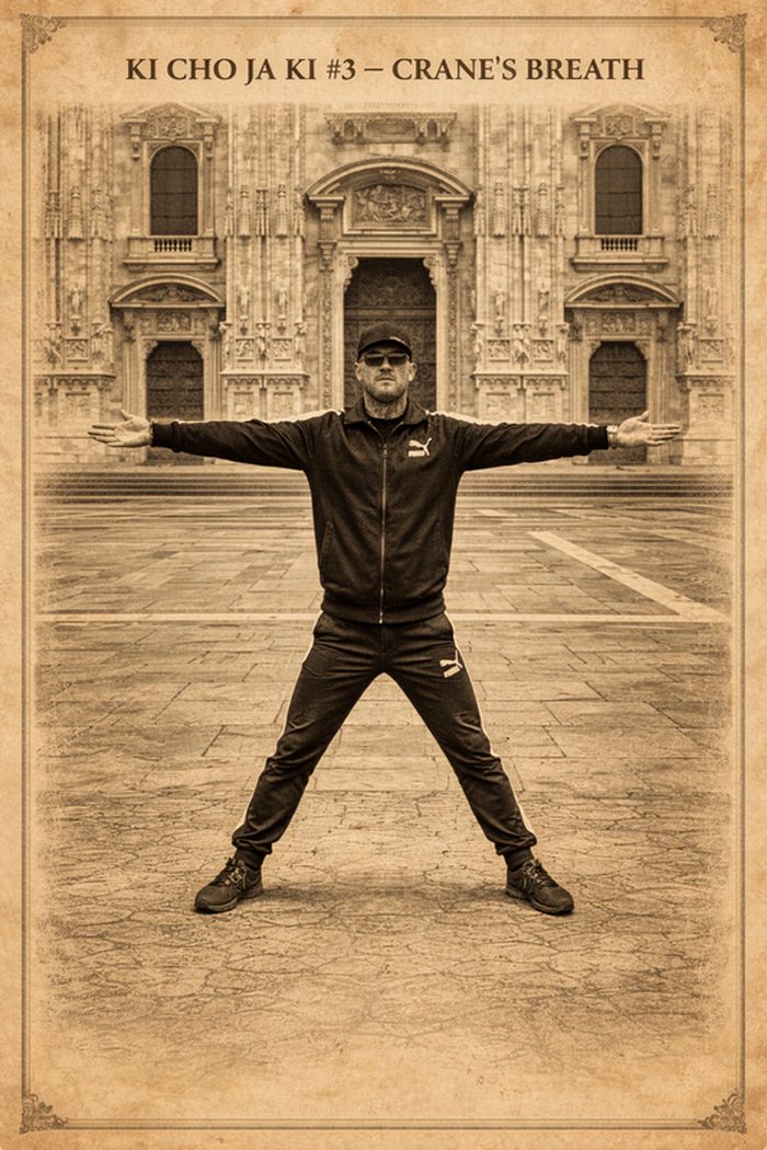 Instructor Anderson demonstrating the Crane's Breath wide-arm stance