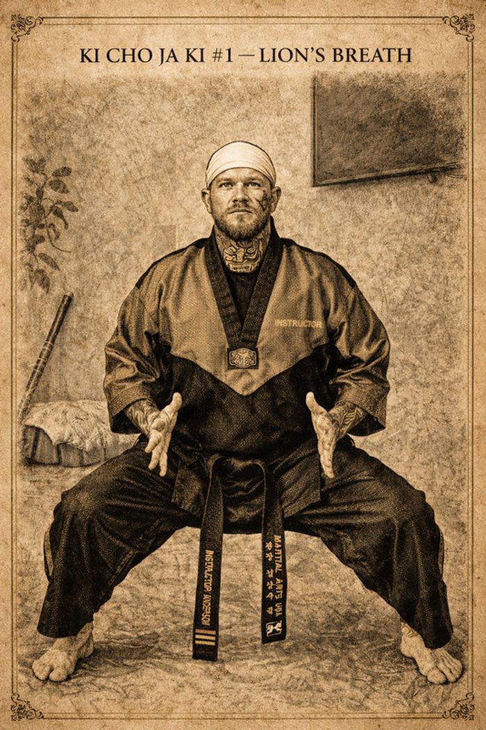 Instructor Anderson demonstrating the Lion's Breath horse stance
