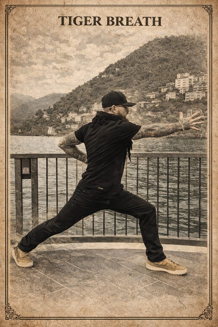 Instructor Anderson demonstrating the Tiger's Breath runner's lunge stance